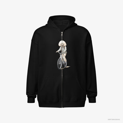 Poodle Hoodie – Men Black Hoodie Full-Zip – Riding a Bicycle (on White Background)