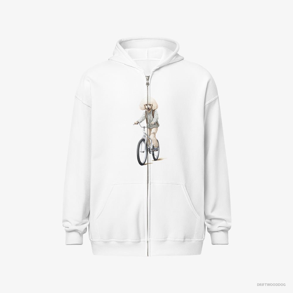 Poodle Hoodie – Men White Hoodie Full-Zip – Riding a Bicycle (on White Background)