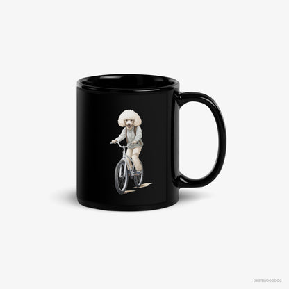 Poodle Mug – Unisex Black Mug Classic – Riding a Bicycle (on White Background)