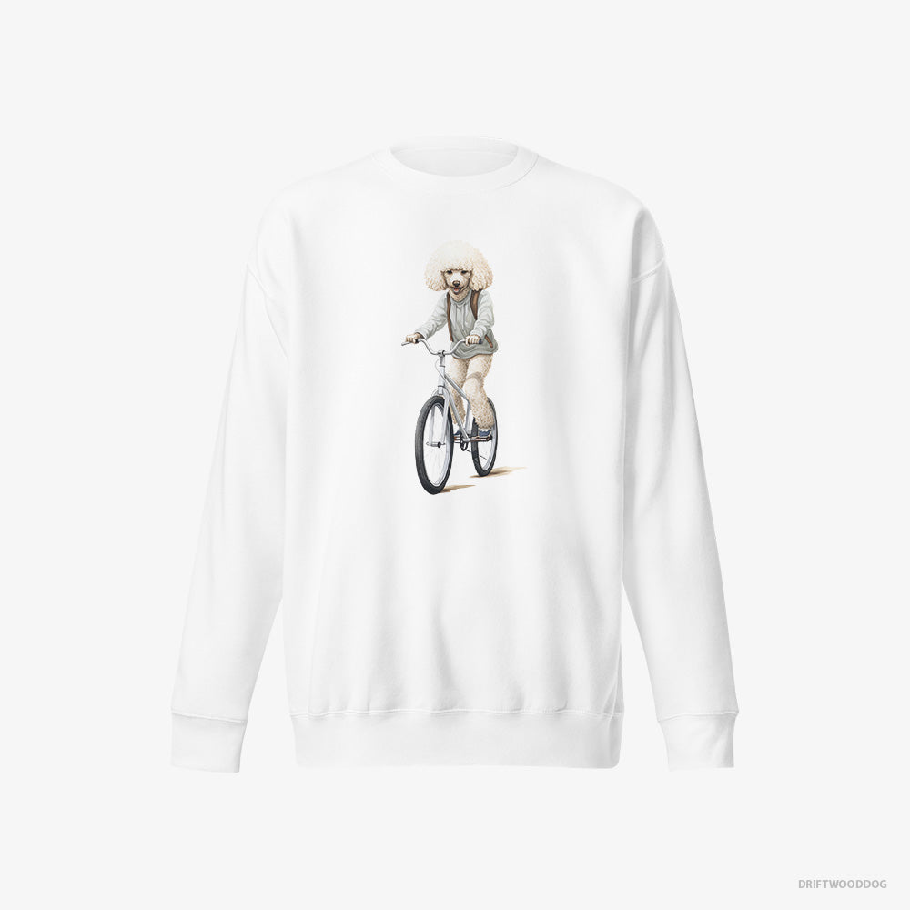 Poodle Sweatshirt – Men White Sweatshirt Eco-Friendly – Riding a Bicycle (on White Background)