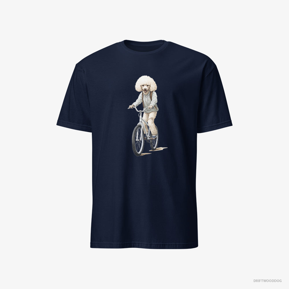 Poodle T-Shirt – Men Navy T-Shirt Classic – Riding a Bicycle (on White Background)