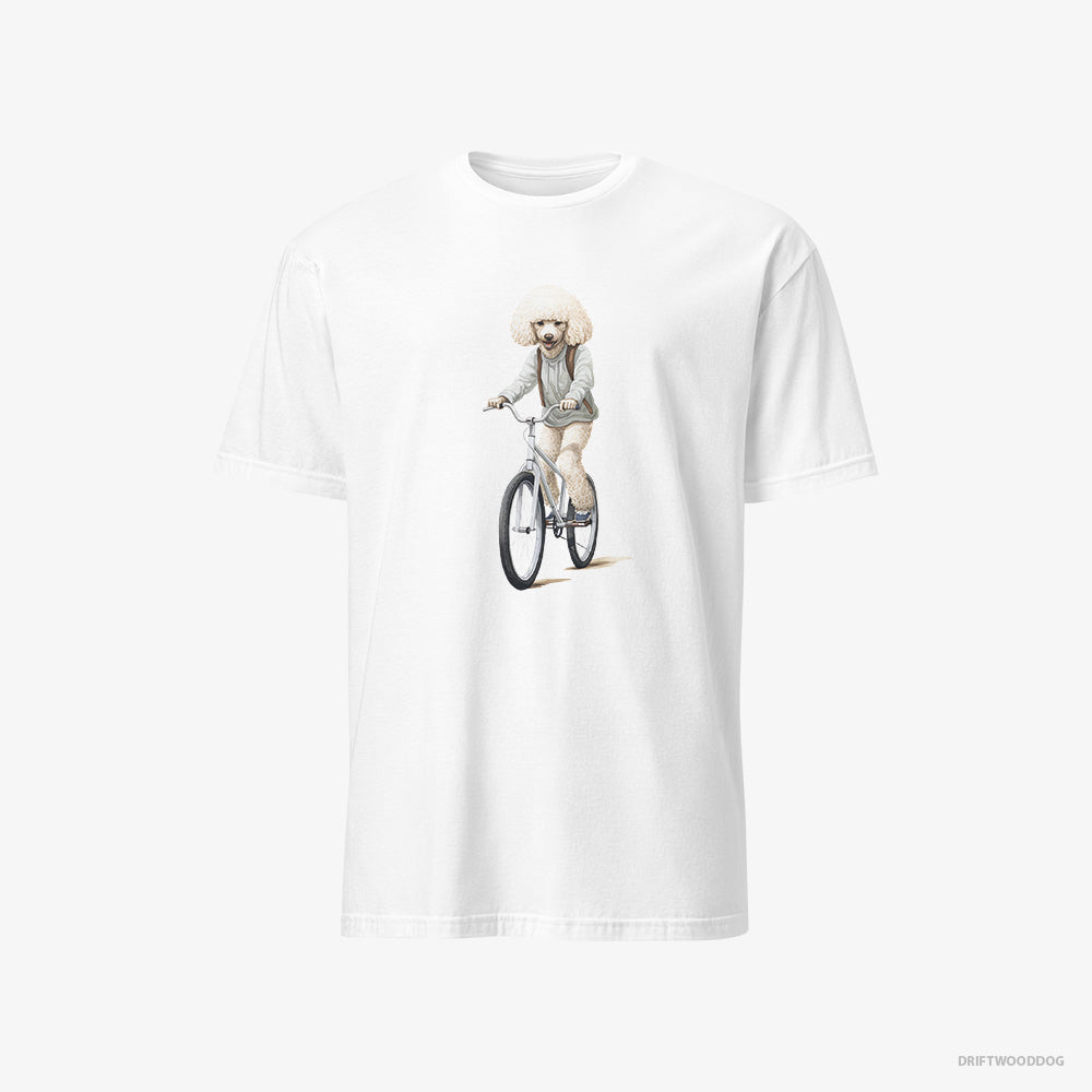 Poodle T-Shirt – Men White T-Shirt Classic – Riding a Bicycle (on White Background)