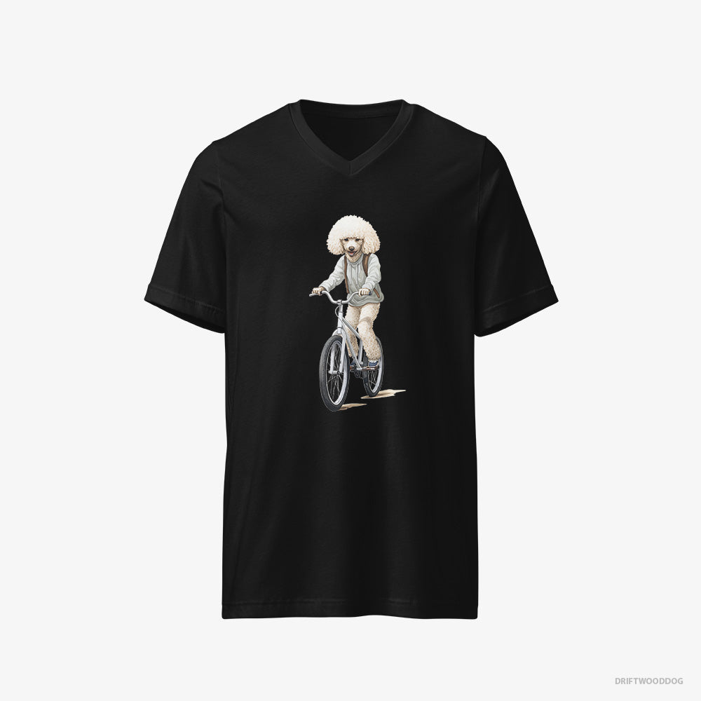 Poodle T-Shirt – Women Black T-Shirt V-Neck – Riding a Bicycle (on White Background)