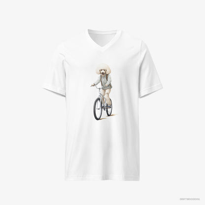 Poodle T-Shirt – Women White T-Shirt V-Neck – Riding a Bicycle (on White Background)