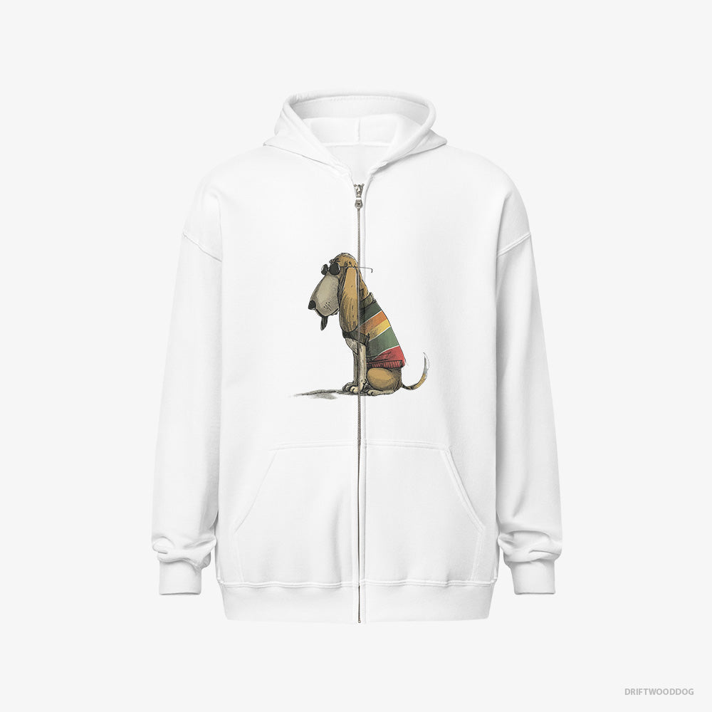 Basset Hound Hoodie – Women White Hoodie Full-Zip – Wearing Rainbow Outfit (on White Background)