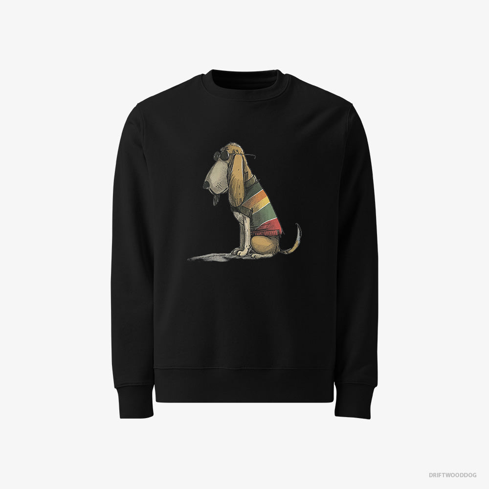 Basset Hound Sweatshirt – Men Black Sweatshirt Classic – Wearing Rainbow Outfit (on White Background)