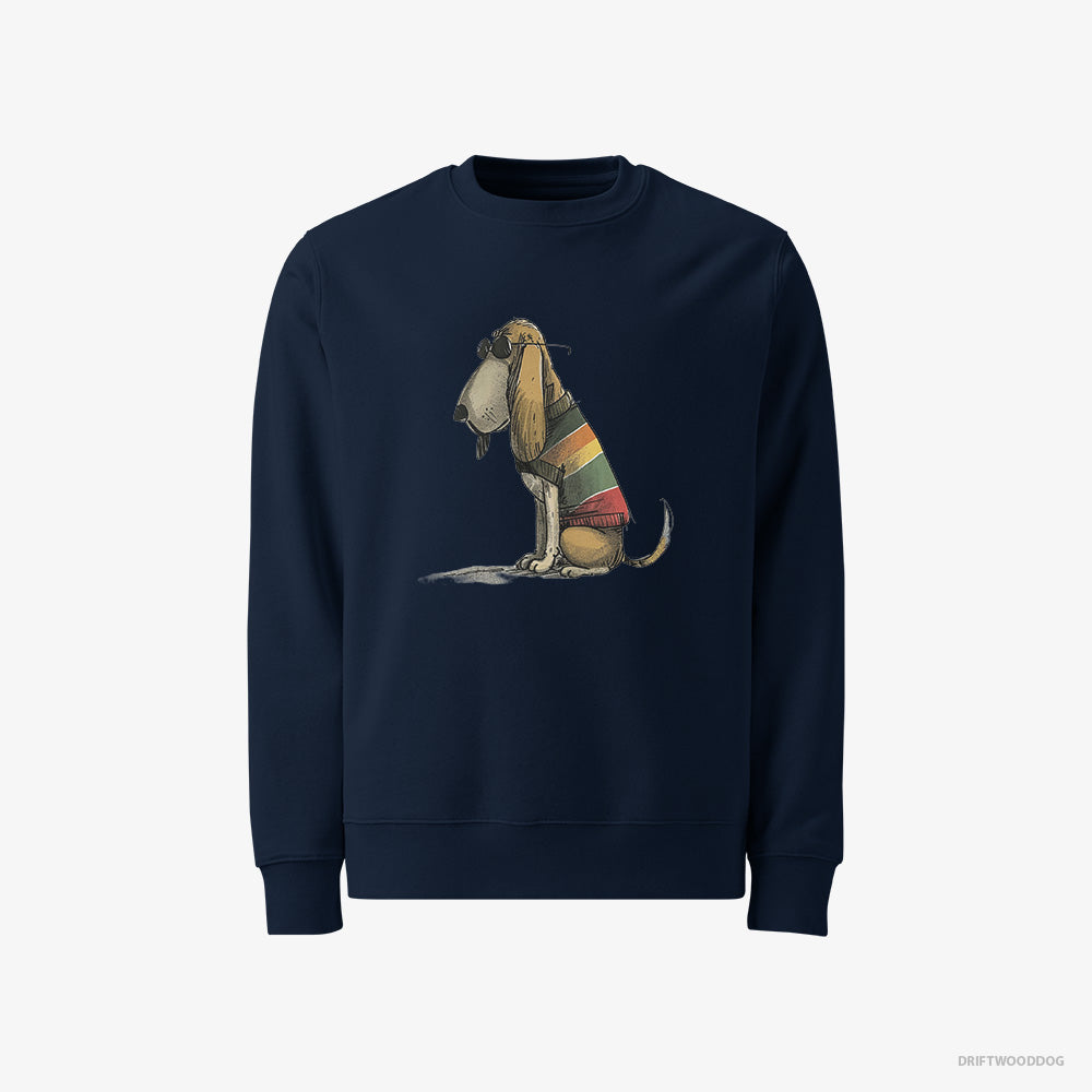 Basset Hound Sweatshirt – Men Navy Sweatshirt Classic – Wearing Rainbow Outfit (on White Background)