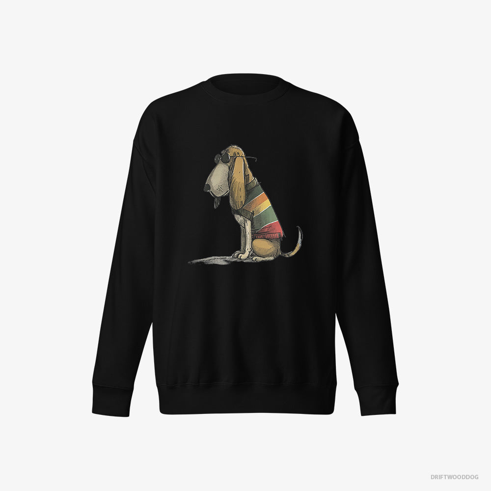 Basset Hound Sweatshirt – Women Black Sweatshirt Eco-Friendly – Wearing Rainbow Outfit (on White Background)