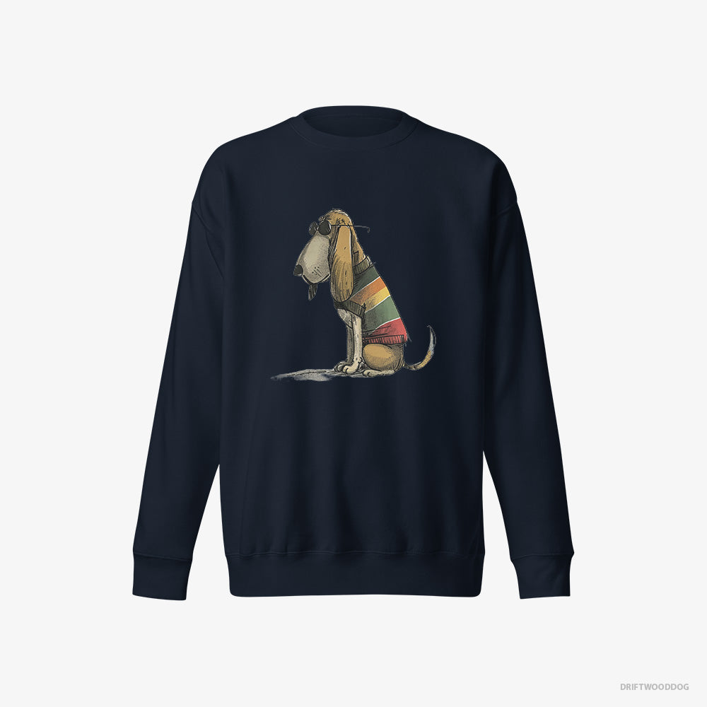 Basset Hound Sweatshirt – Men Navy Sweatshirt Eco-Friendly – Wearing Rainbow Outfit (on White Background)