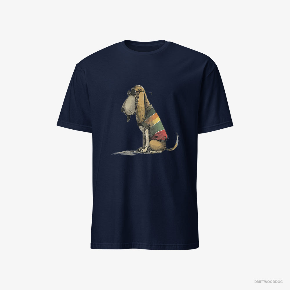 Basset Hound T-Shirt – Men Navy T-Shirt Classic – Wearing Rainbow Outfit (on White Background)