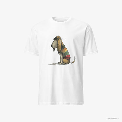 Basset Hound T-Shirt – Men White T-Shirt Classic – Wearing Rainbow Outfit (on White Background)