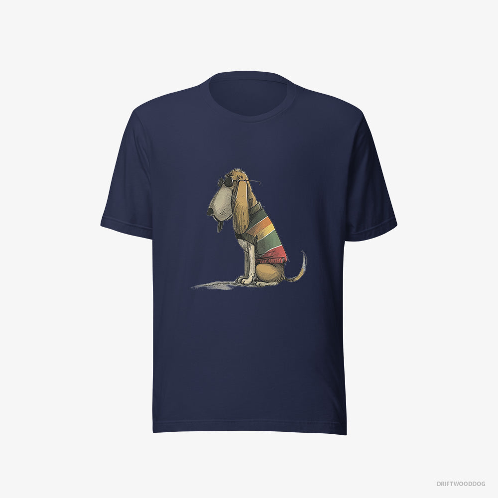 Basset Hound T-Shirt – Men Navy T-Shirt Eco-Friendly – Wearing Rainbow Outfit (on White Background)