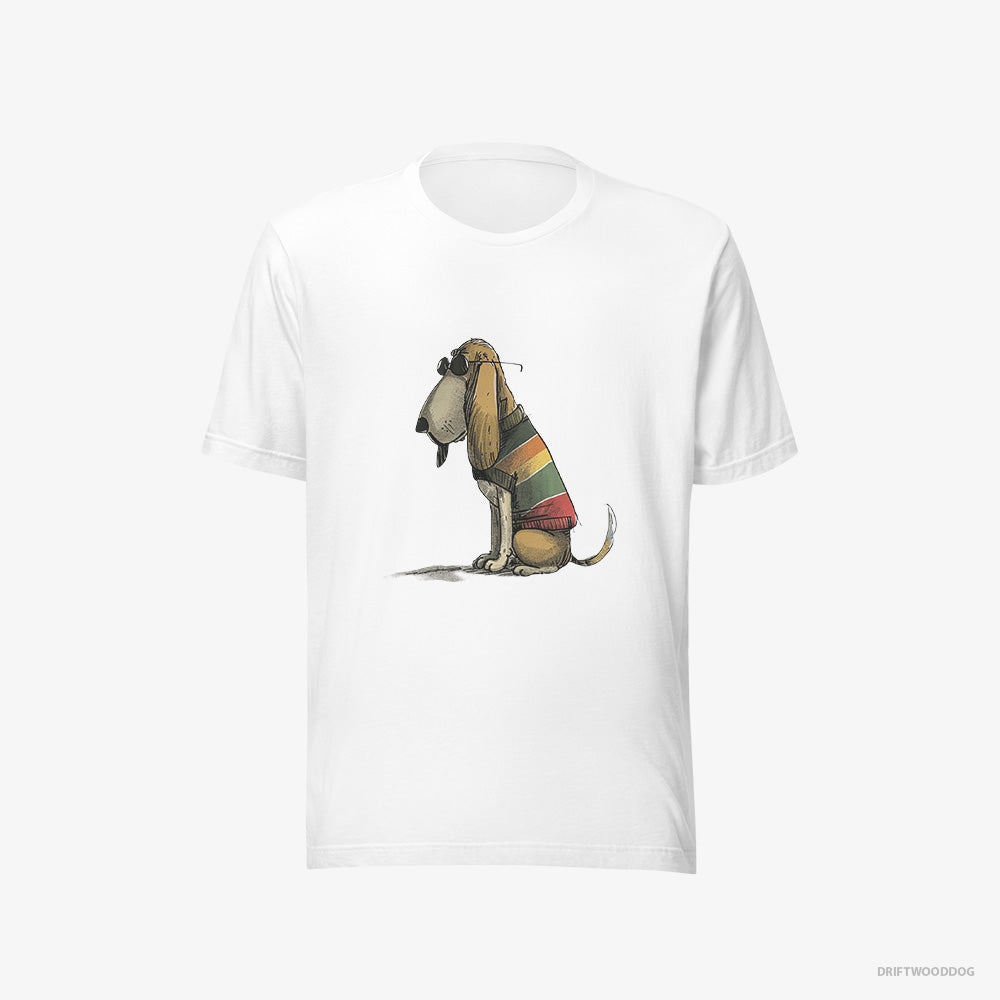 Basset Hound T-Shirt – Women White T-Shirt Eco-Friendly – Wearing Rainbow Outfit (on White Background)