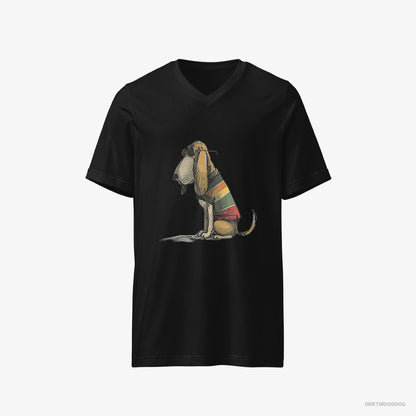 Basset Hound T-Shirt – Men Black T-Shirt V-Neck – Wearing Rainbow Outfit (on White Background)