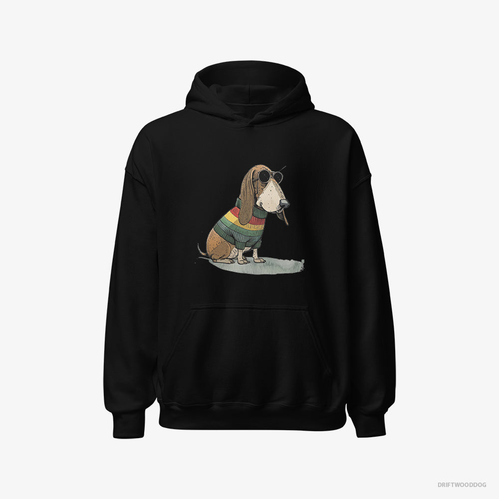 Basset Hound Hoodie – Women Black Hoodie Classic – Dressed in Rainbow Attire (on White Background)