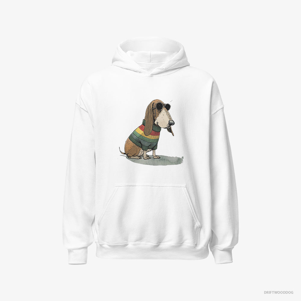 Basset Hound Hoodie – Men White Hoodie Classic – Dressed in Rainbow Attire (on White Background)