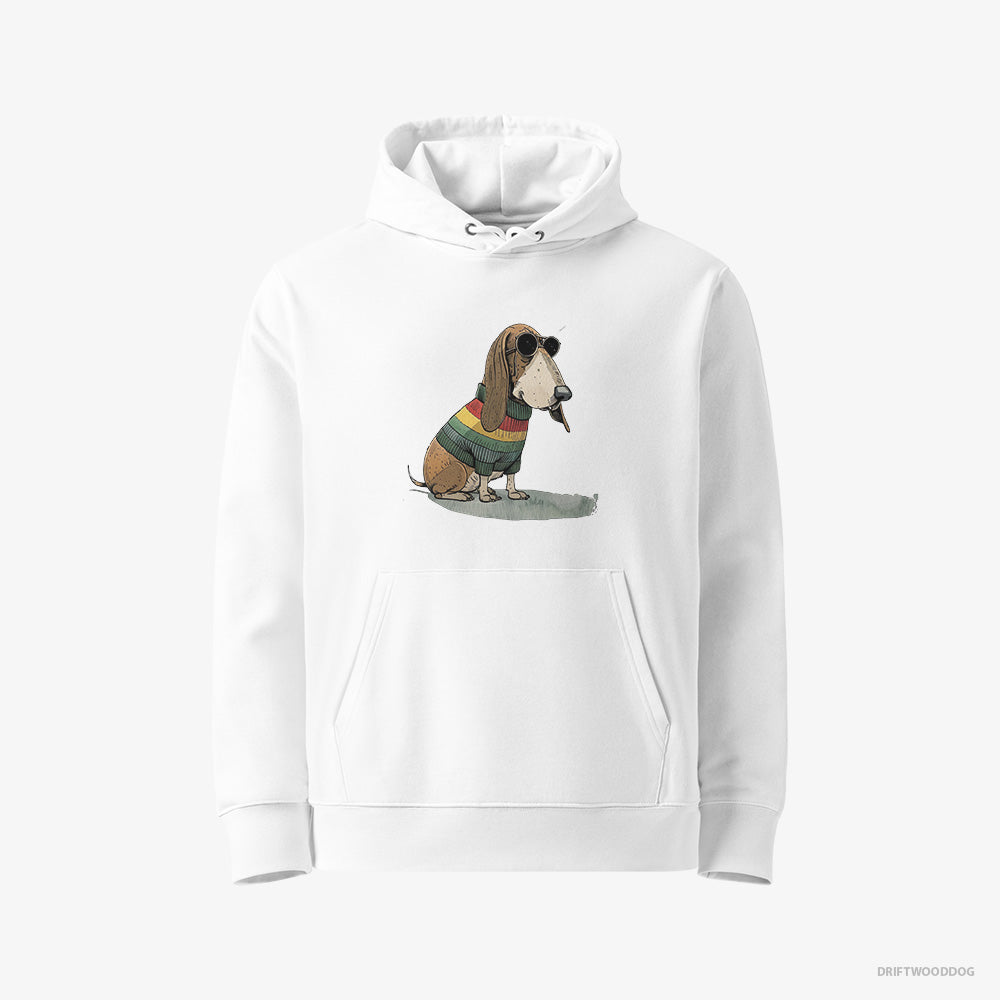 Basset Hound Hoodie – Women White Hoodie Eco-Friendly – Dressed in Rainbow Attire (on White Background)