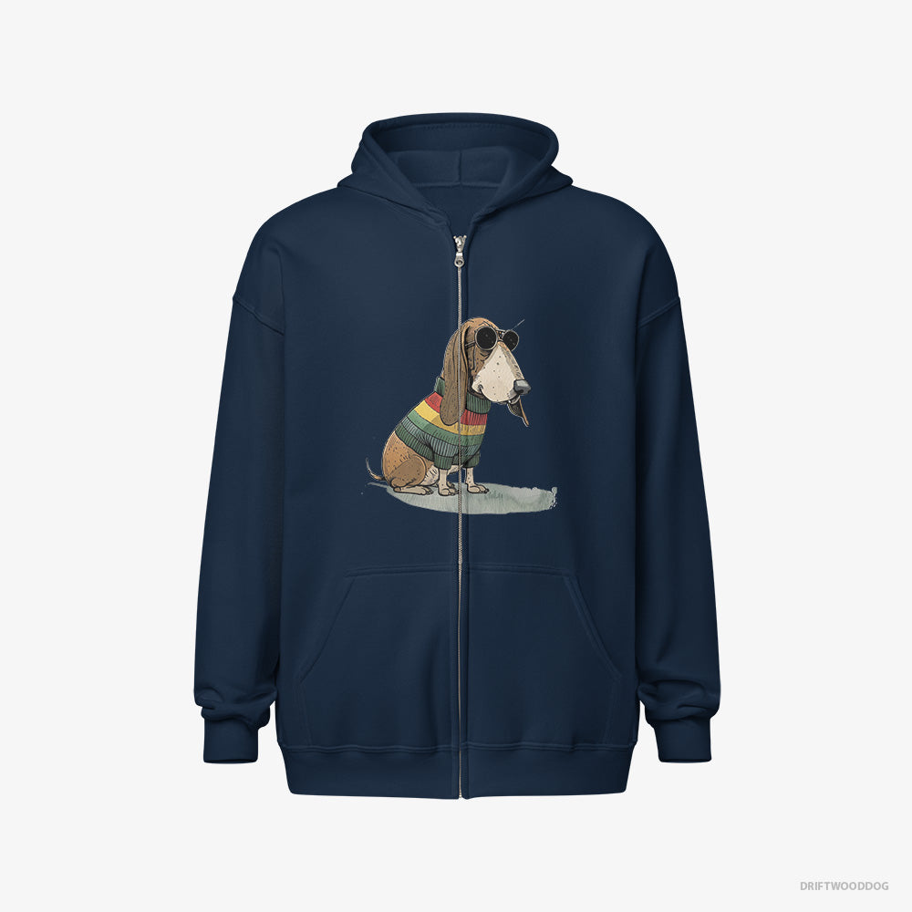 Basset Hound Hoodie – Women Navy Hoodie Full-Zip – Dressed in Rainbow Attire (on White Background)