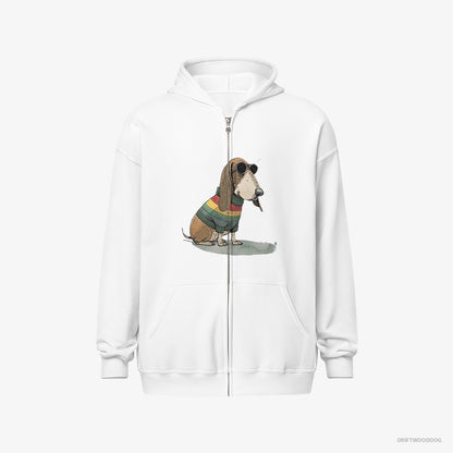 Basset Hound Hoodie – Men White Hoodie Full-Zip – Dressed in Rainbow Attire (on White Background)