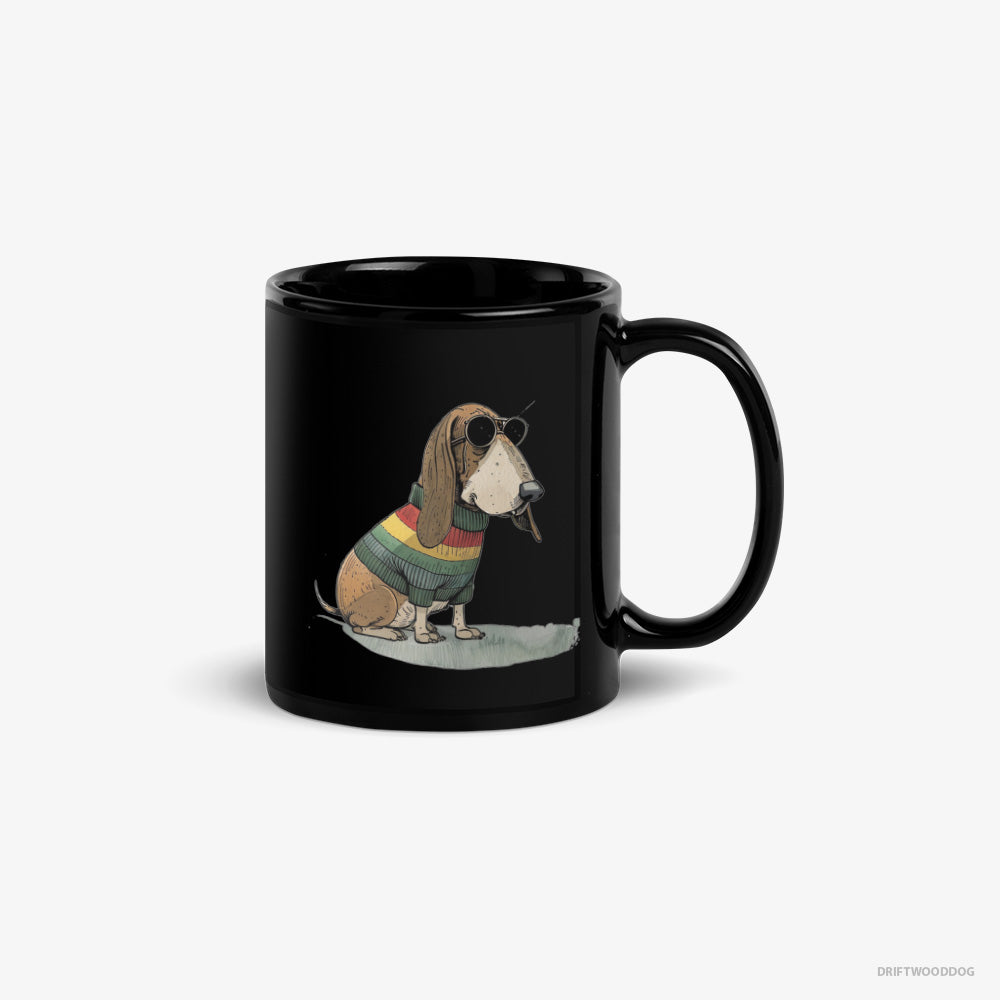 Basset Hound Mug – Unisex Black Mug Classic – Dressed in Rainbow Attire (on White Background)