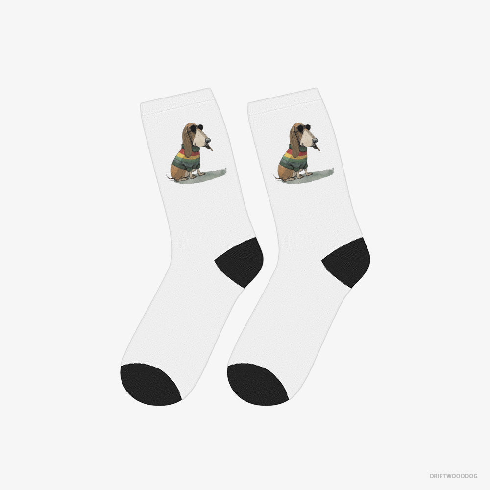 Basset Hound Socks – Unisex White Socks Classic – Dressed in Rainbow Attire (on White Background)