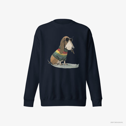 Basset Hound Sweatshirt – Women Navy Sweatshirt Eco-Friendly – Dressed in Rainbow Attire (on White Background)