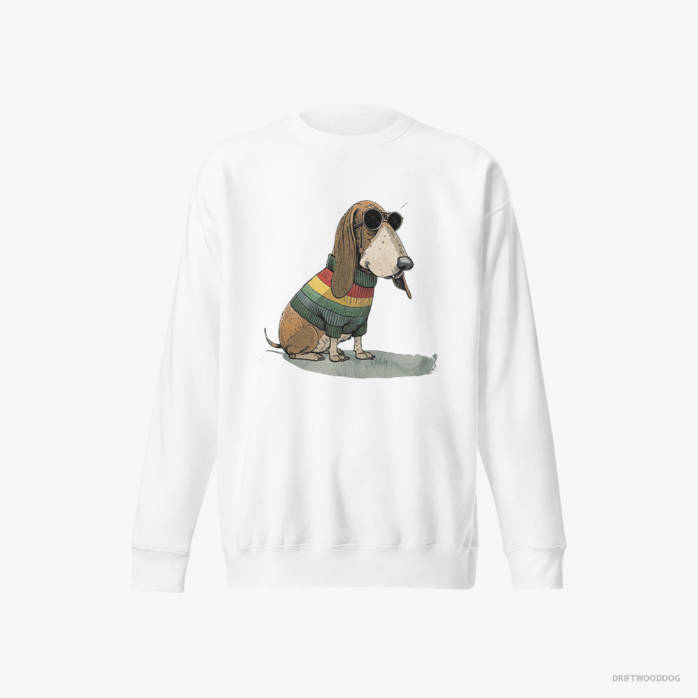 Basset Hound Sweatshirt – Women White Sweatshirt Eco-Friendly – Dressed in Rainbow Attire (on White Background)