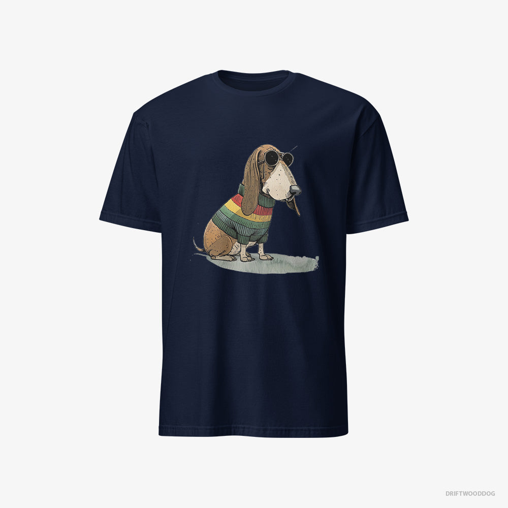 Basset Hound T-Shirt – Women Navy T-Shirt Classic – Dressed in Rainbow Attire (on White Background)