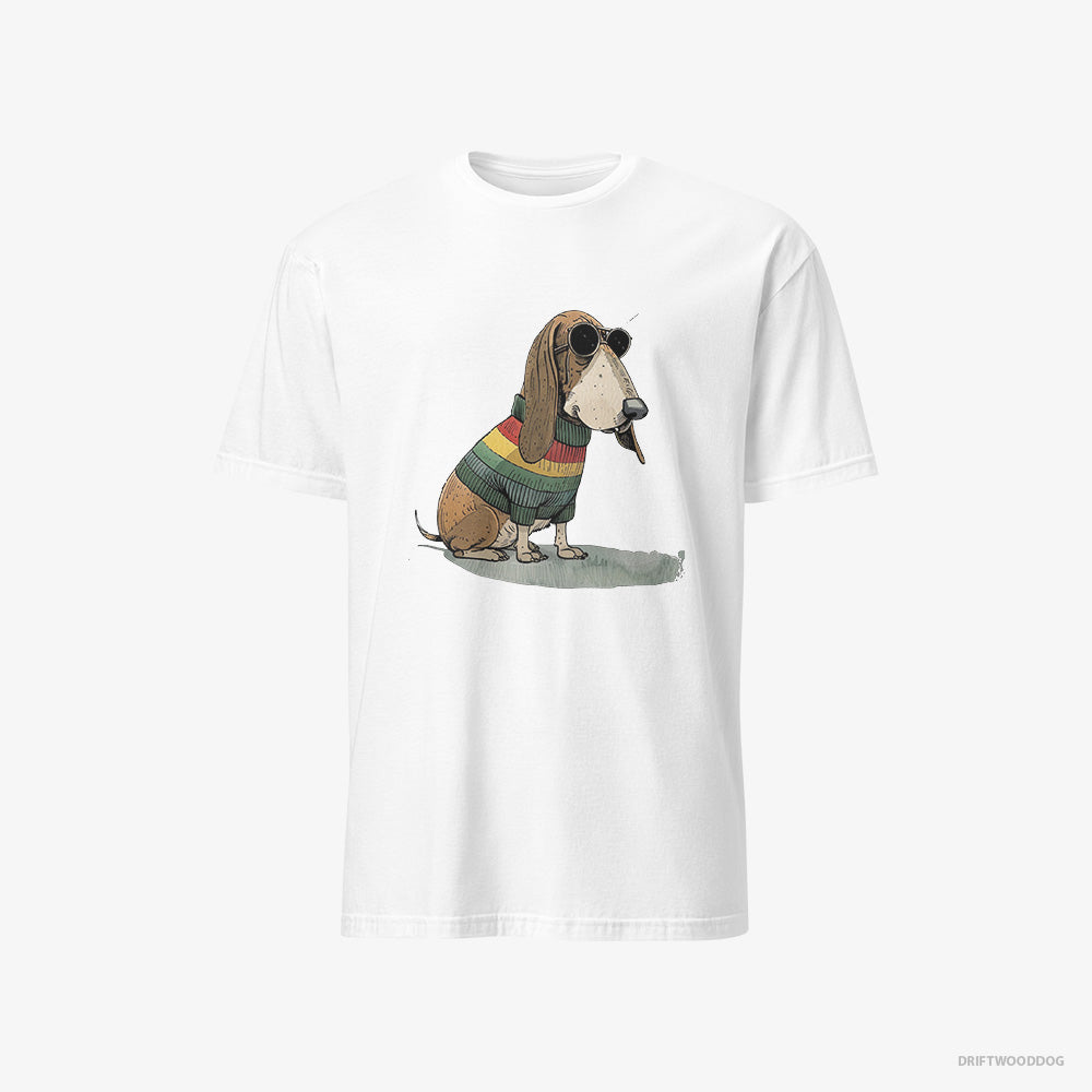 Basset Hound T-Shirt – Men White T-Shirt Classic – Dressed in Rainbow Attire (on White Background)