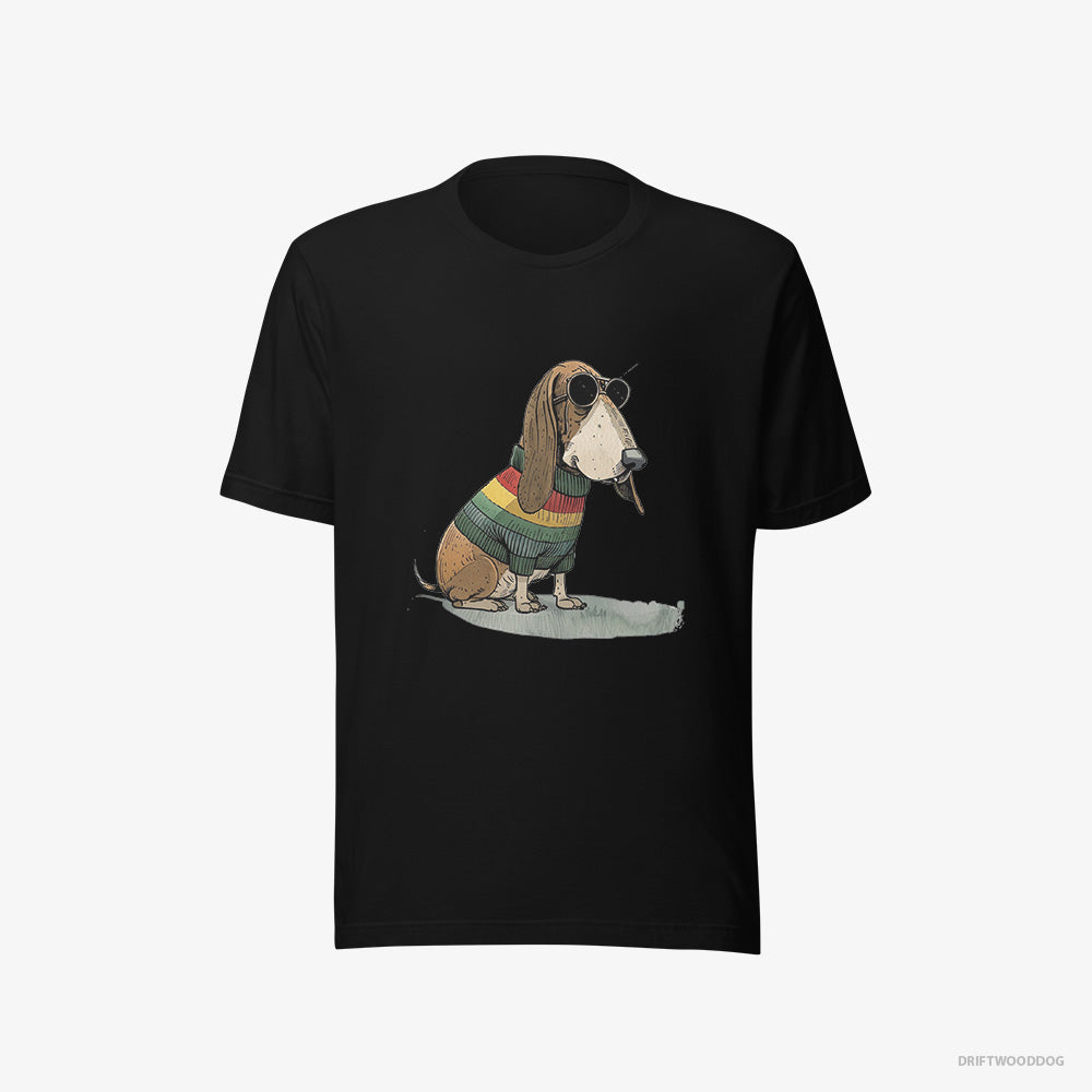 Basset Hound T-Shirt – Women Black T-Shirt Eco-Friendly – Dressed in Rainbow Attire (on White Background)