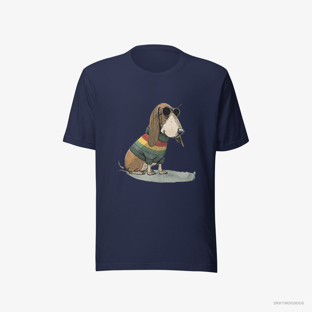 Basset Hound T-Shirt – Men Navy T-Shirt Eco-Friendly – Dressed in Rainbow Attire (on White Background)