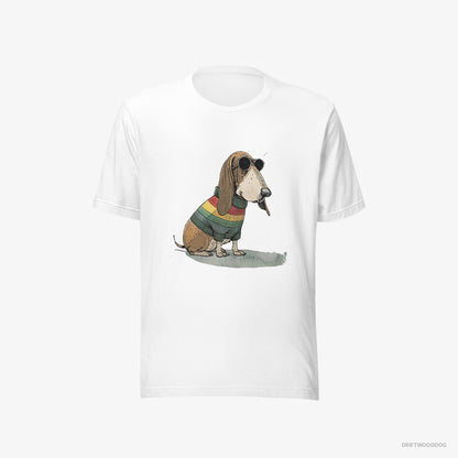 Basset Hound T-Shirt – Men White T-Shirt Eco-Friendly – Dressed in Rainbow Attire (on White Background)