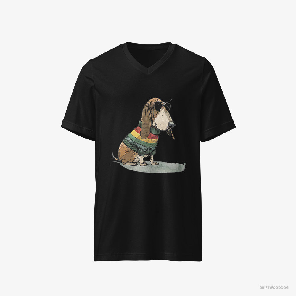 Basset Hound T-Shirt – Men Black T-Shirt V-Neck – Dressed in Rainbow Attire (on White Background)