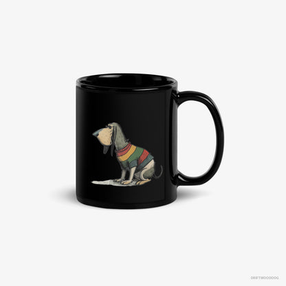 Basset Hound Mug – Unisex Black Mug Classic – Sporting Rainbow Clothing (on White Background)