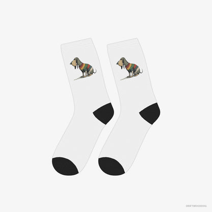 Basset Hound Socks – Unisex White Socks Classic – Sporting Rainbow Clothing (on White Background)