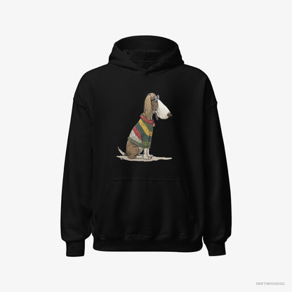 Basset Hound Hoodie – Men Black Hoodie Classic – Adorned in Rainbow Gear (on White Background)