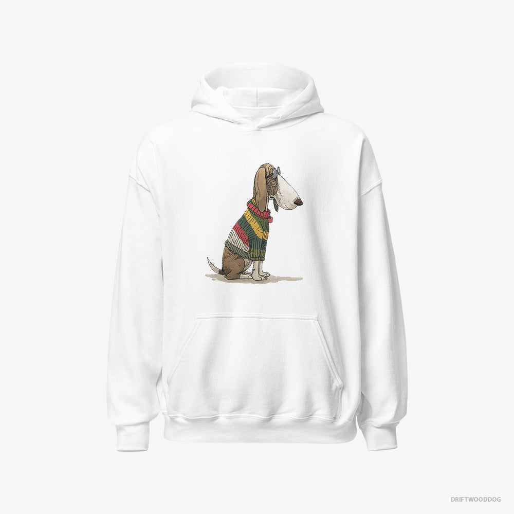 Basset Hound Hoodie – Men White Hoodie Classic – Adorned in Rainbow Gear (on White Background)