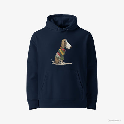 Basset Hound Hoodie – Men Navy Hoodie Eco-Friendly – Adorned in Rainbow Gear (on White Background)