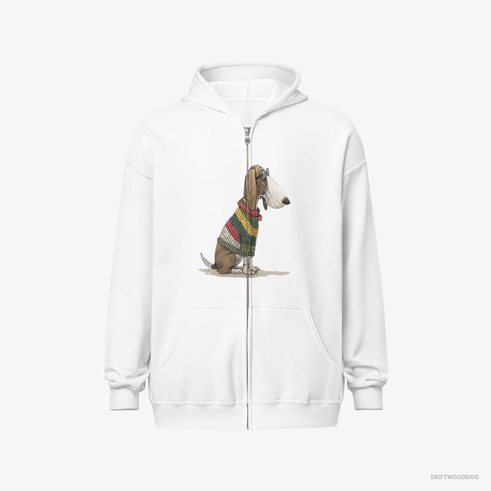 Basset Hound Hoodie – Men White Hoodie Full-Zip – Adorned in Rainbow Gear (on White Background)