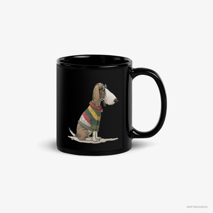 Basset Hound Mug – Unisex Black Mug Classic – Adorned in Rainbow Gear (on White Background)