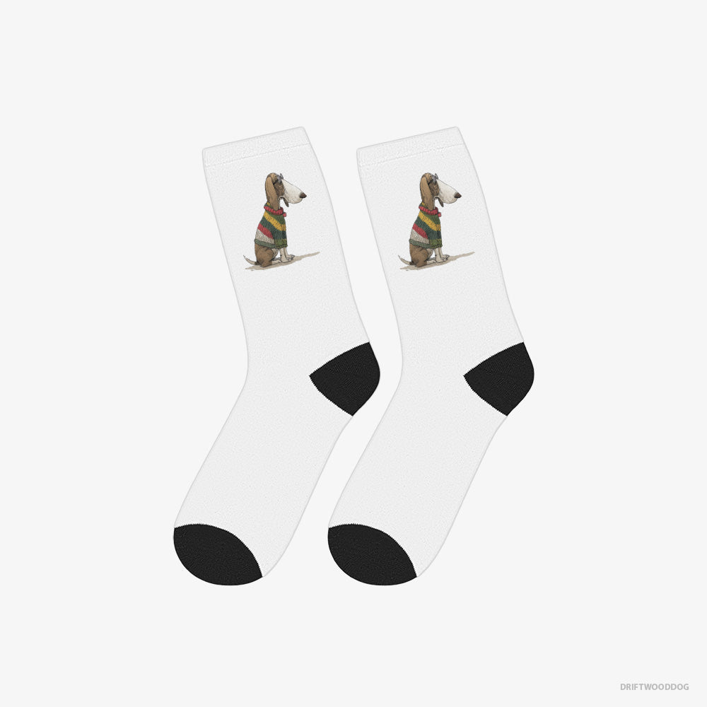 Basset Hound Socks – Unisex White Socks Classic – Adorned in Rainbow Gear (on White Background)