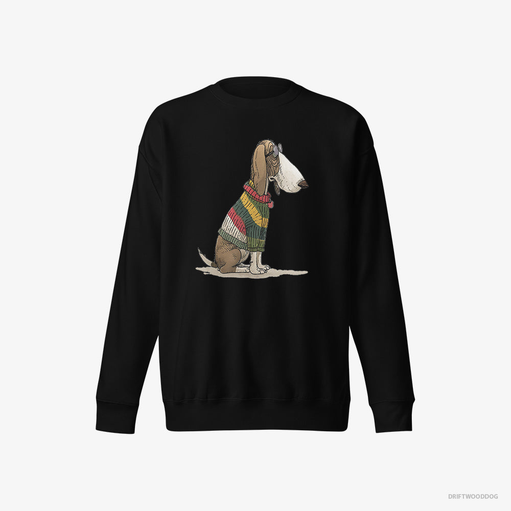 Basset Hound Sweatshirt – Women Black Sweatshirt Eco-Friendly – Adorned in Rainbow Gear (on White Background)