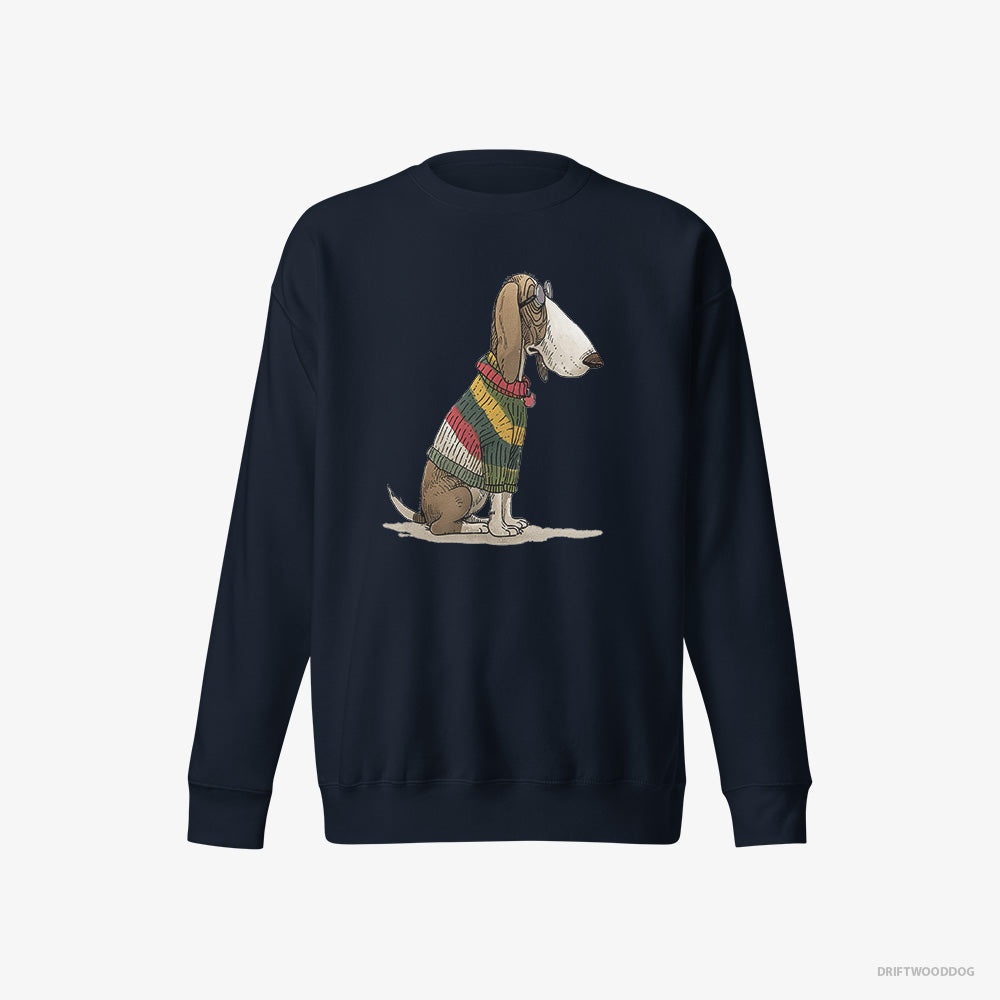 Basset Hound Sweatshirt – Men Navy Sweatshirt Eco-Friendly – Adorned in Rainbow Gear (on White Background)