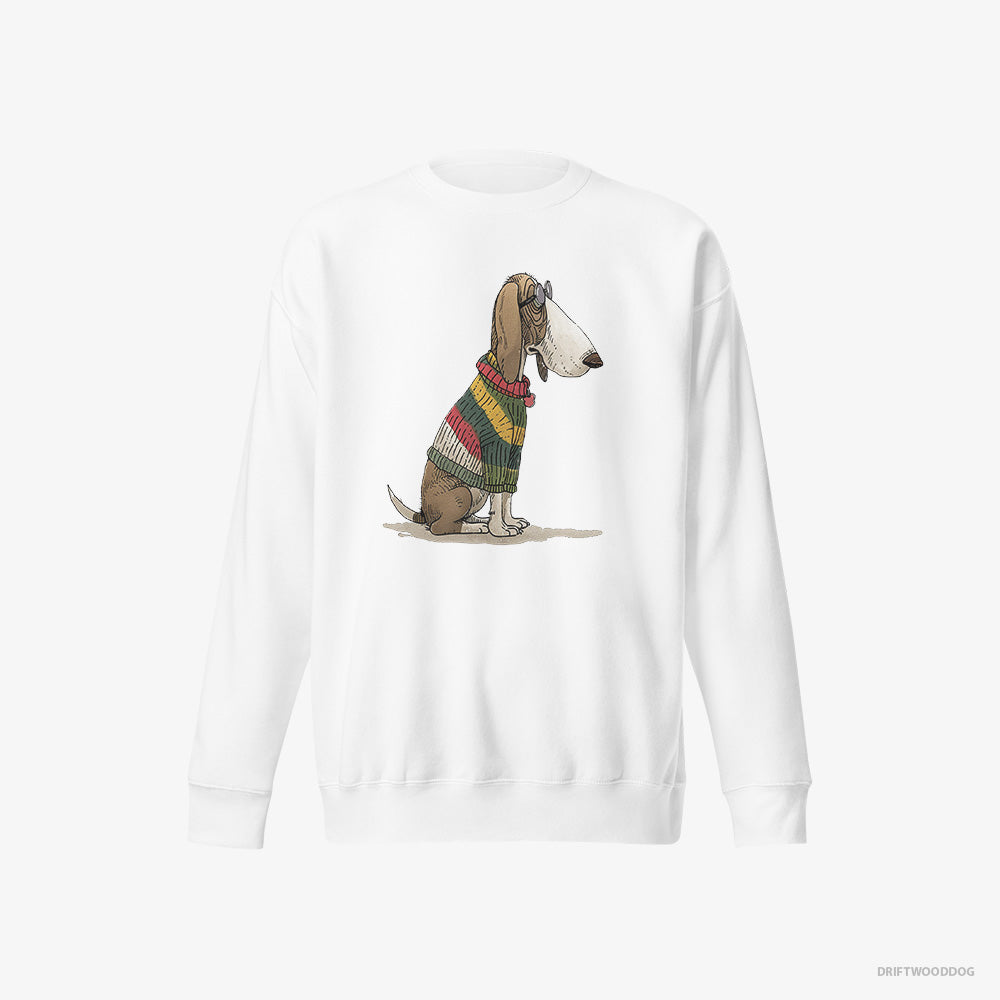 Basset Hound Sweatshirt – Men White Sweatshirt Eco-Friendly – Adorned in Rainbow Gear (on White Background)