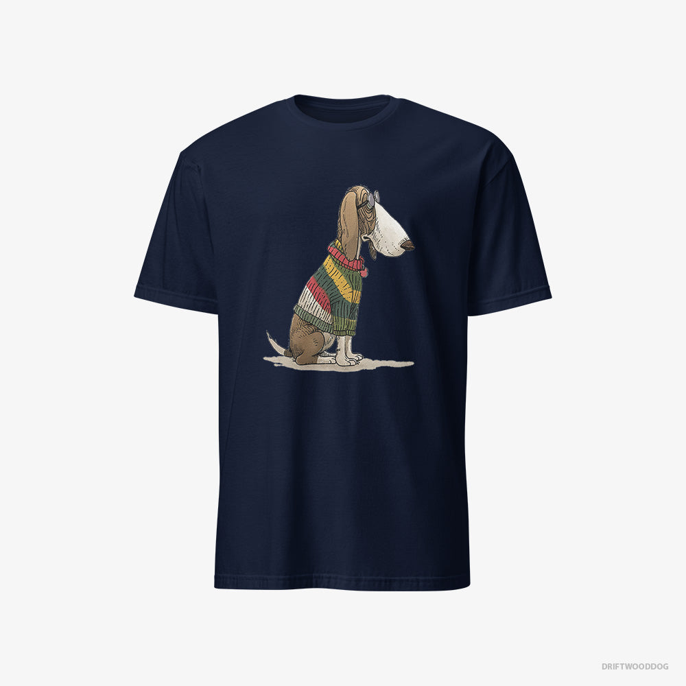 Basset Hound T-Shirt – Men Navy T-Shirt Classic – Adorned in Rainbow Gear (on White Background)