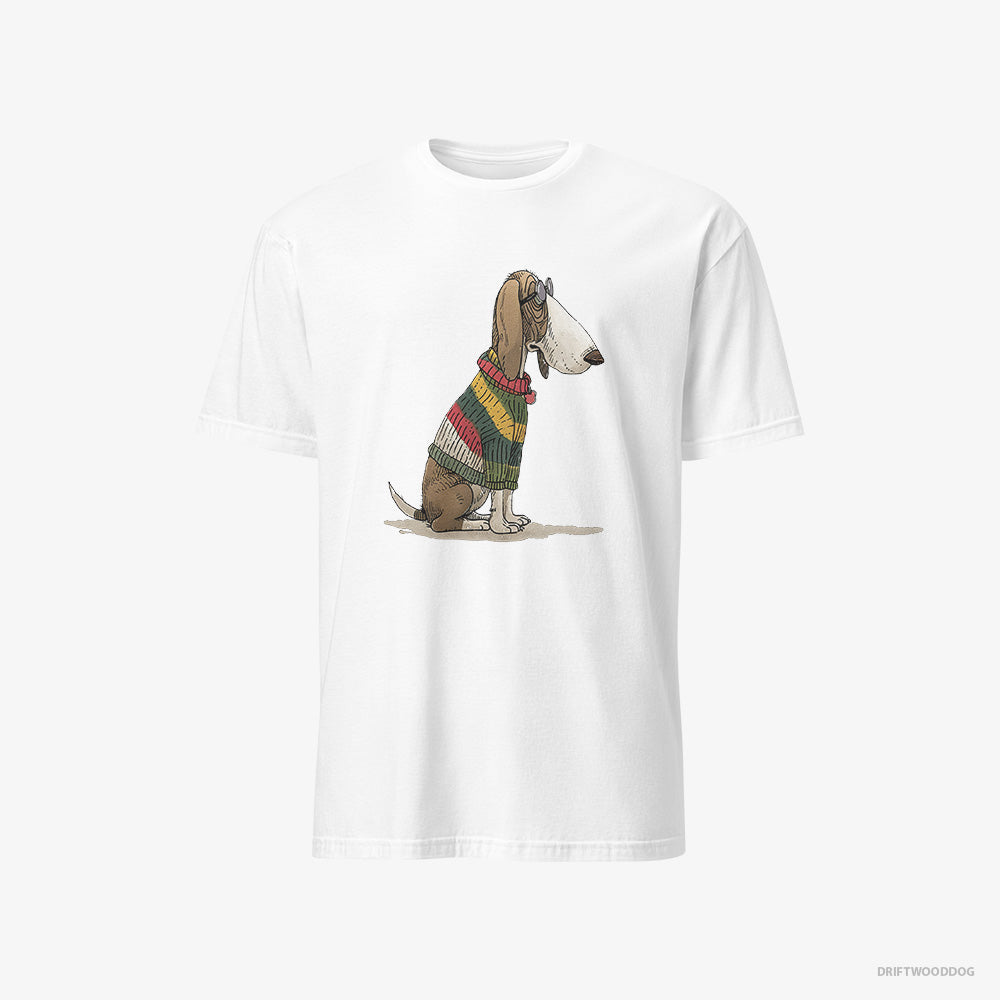 Basset Hound T-Shirt – Men White T-Shirt Classic – Adorned in Rainbow Gear (on White Background)