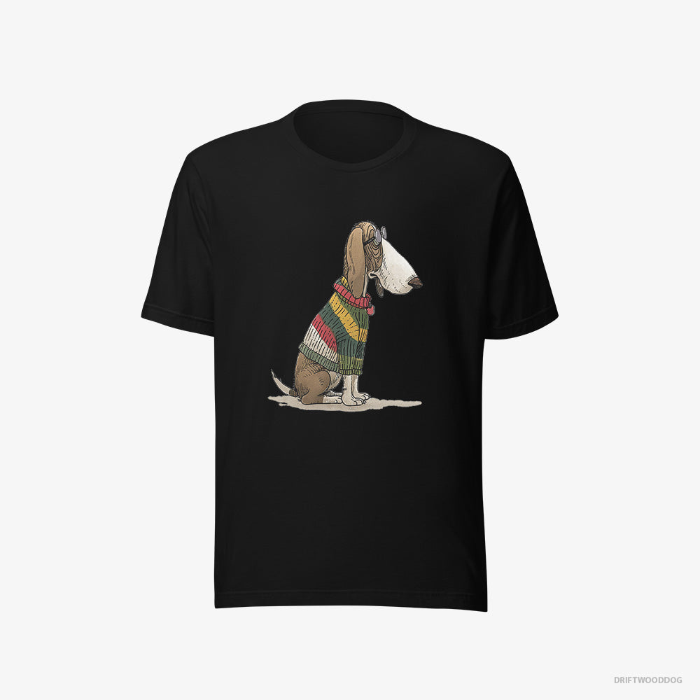 Basset Hound T-Shirt – Men Black T-Shirt Eco-Friendly – Adorned in Rainbow Gear (on White Background)