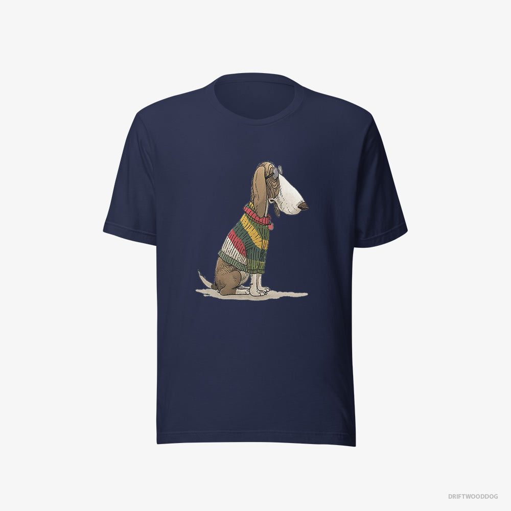 Basset Hound T-Shirt – Men Navy T-Shirt Eco-Friendly – Adorned in Rainbow Gear (on White Background)