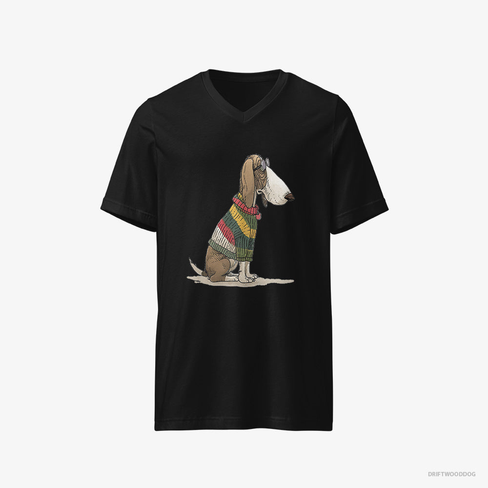 Basset Hound T-Shirt – Men Black T-Shirt V-Neck – Adorned in Rainbow Gear (on White Background)