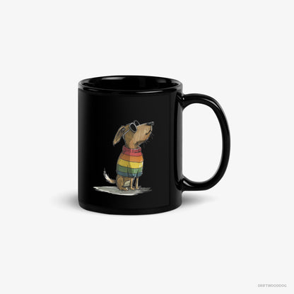 Beagle Mug – Unisex Black Mug Classic – Wearing Rainbow Outfit (on White Background)